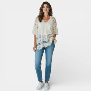 CABI Top Women Size Small Beige Boho Crochet V-neck Cut-out Floral Beach Coverup